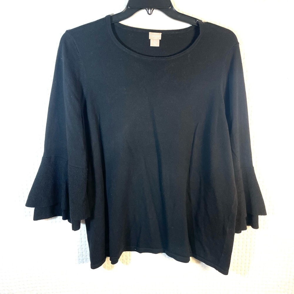 Chicos Sweater Women 3 XL Black Bell 3/4 Sleeve Pullover Top Cotton Rayon